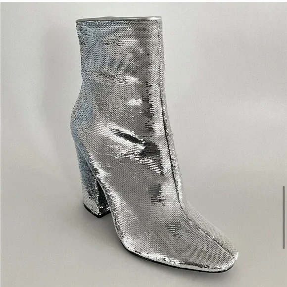 Kendall + Kylie Bootie Silver Sequin Haedyns Square-toe Ankle Boots - Picture 4 of 11